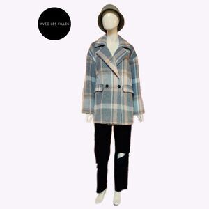 AVEC LES FILLES NEW Light Academia Plaid Double Breast Flap Pockets Peacoat L